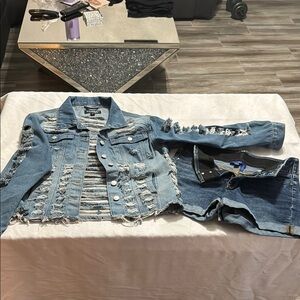 Distressed Denim Jacket and Shorts Set